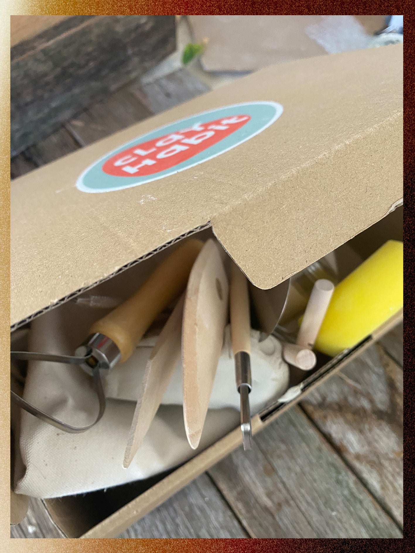 Morning box contains clay and tools to make a bowl /plate and mug
